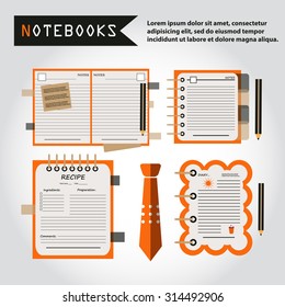 Illustration of notebooks set, copybooks, book for recipes, web icon, vector. Tie icon.