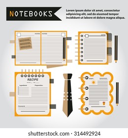 Illustration of notebooks set, copybooks, book for recipes, web icon, vector. Tie icon.