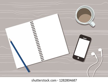 illustration of a notes book on the work desk top view