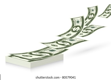 illustration of notes flying from dollar bundle