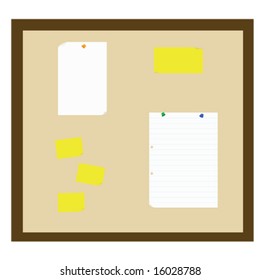Illustration of notice board, with different sized paper notes hanging from it