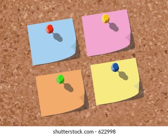 Illustration - Notice board with post-it notes and pins.