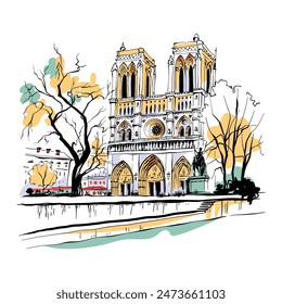 Illustration of Notre-Dame Cathedral in Paris, France, showing gothic architecture and twin towers