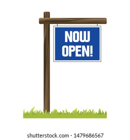 Illustration of a "Now Open" sign on a wooden post