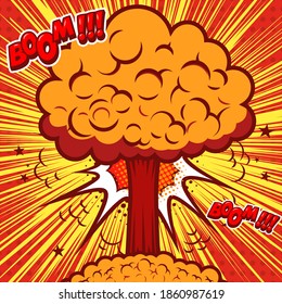 Ilustración de la explosión nuclear al estilo cómico. Elemento de diseño para afiche, tarjeta, pancarta, menú. Ilustración del vector
