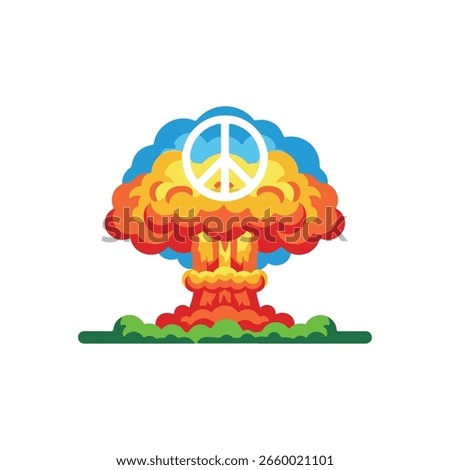 Illustration of a nuclear explosion featuring a peace symbol merging war devastation with ideals of global harmony. The image aims to raise awareness about conflict and highlight the