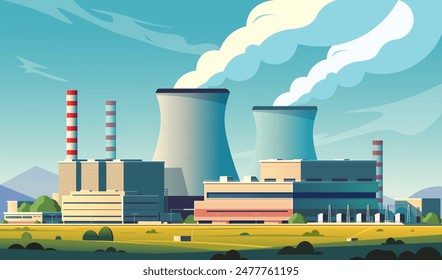 Illustration of a nuclear power plant with cooling towers and chimneys on a clear day. Vector illustration concept. Vector illustration