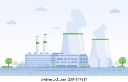 Illustration eines Kernkraftwerks mit Kühltürmen und modernen Anlagen. Ideal für Konzepte rund um Kernenergie, Stromerzeugung und Industriedesign. Energieerzeugungsanlage