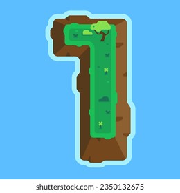 Illustration of the number 1 in the form of an island. Illustration of letter 1 in the form of island with trees and bushes. Alphabet for children, children's pictures. 