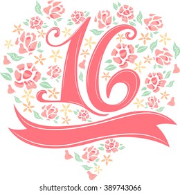 Illustration of the Number 16 Decorated with Flowers and Ribbons