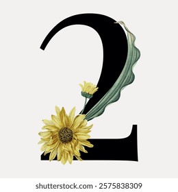 Illustration of the number 2 with a sunflower and leaf. Sunflower decorates the number 2. Elegant design with sunflower and number 2. Floral number 2 art. Vintage illustration isolated, vector.