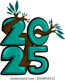 Illustration of the number 2025 and a tree in the shape of the letter T, the letter T in the tree shape is the first letter of the word Tree. This illustration can be used at New Year's celebrations.