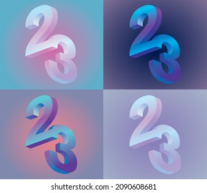 Illustration of number 23, volume symbol 23 with gradients and pink,  purple and blue colors