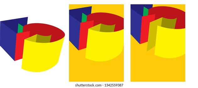 Illustration of a number 5 with an architectural concept. Colored walls with the shape of a number 5, as an isolated illustration and two variations for a poster version.
