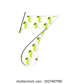 An illustration of the number 7 with a fresh pear motif, perfect for children's books and magazines, suitable for children's toy designs as well as for other business purposes.