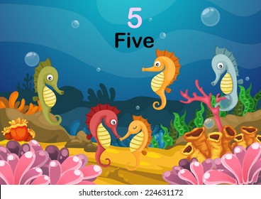 Illustration of number five sea horse under the sea vector