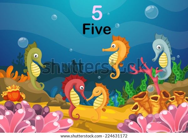 Illustration of number five sea horse under the sea nursery school wall murals