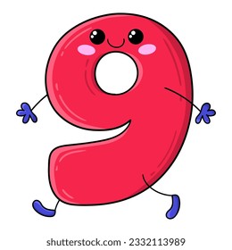 Illustration of number nine in Kawaii style walking smiling, design for t-shirt, clipart