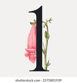 Illustration of the number one with a pink flower. The number one is bold and black. The pink flower adds a natural touch to the number one design. Isolated vintage art illustration vector element.