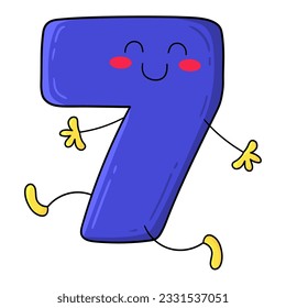 Illustration of number seven in Kawaii style smiling and walking, design for t-shirt, clipart