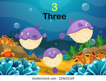 Illustration of number three puffer fishes the sea vector