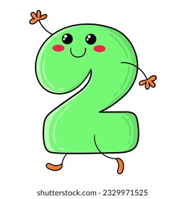  Illustration of number two in Kawaii style, smiling and with raise arm, design for t-shirts, clipart