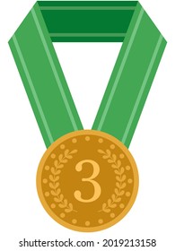Illustration of a numbered bronze medal with green on the neck