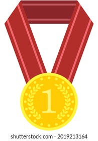 Illustration of a numbered gold medal with a red ribbon on the neck