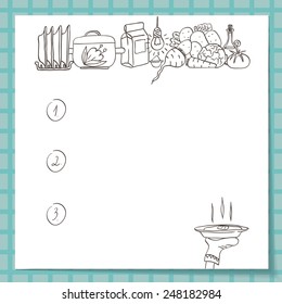 illustration with a numbered list for culinary records, includes  potatoes, beets, cabbage, lettuce, carrots, butter, plate number, package.