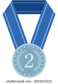 Illustration of a numbered silver medal with blue ribbon on the neck