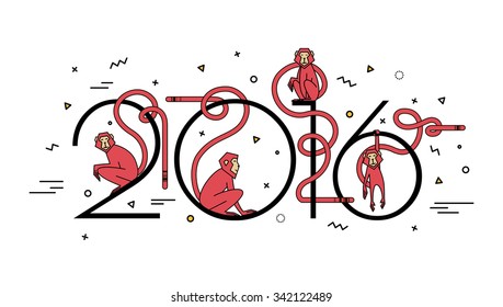 Illustration of numbers in 2016 and 4 monkeys in a linear style. Modern design, simple line. Fire  monkey  white background for the new year.