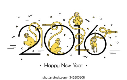 Illustration of numbers in 2016 and 4 monkeys in a linear style. Modern design, simple line. Fire monkeys geometry white background for the new year.