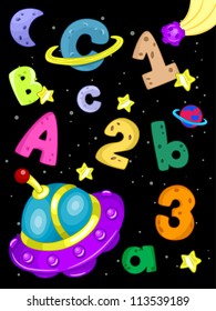 Illustration of Numbers and Letters of the Alphabet Against an Outer Space Background