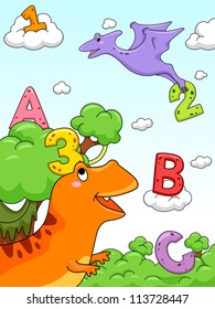 Illustration of Numbers and Letters of the Alphabet Drawn Against a Background with a Prehistoric Design