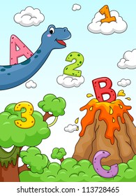 Illustration of Numbers and Letters of the Alphabet Drawn Against a Background with a Prehistoric Design