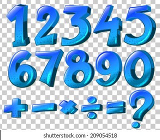 Illustration of the numbers and math symbols in blue color on a white background