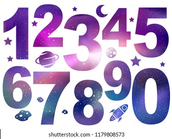 Illustration of Numbers with Rockets, Stars, Meteor Elements