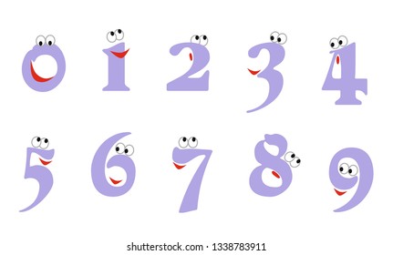 Сartoon illustration of numbers from zero to nine with eyes and a smile. Icon set for counting education: zero, one, two, three, four, five, six, seven, eight, nine. Vector illustration.