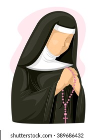 Illustration of a Nun Clutching a Rosary While Praying