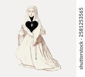 Illustration of a nun in a habit, hands in prayer, with a heart and cross symbol. Religious theme with a nun, cross, and heart. Spiritual, prayerful nun depiction. Vintage woman illustration vector.