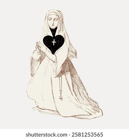 Illustration of a nun in a habit, hands in prayer, with a heart and cross symbol. Religious theme with a nun, cross, and heart. Spiritual, prayerful nun depiction. Vintage woman illustration vector.