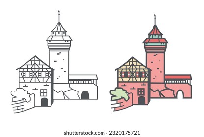 Illustration of Nuremberg Castle, isolated elements on the neutral background.