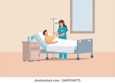 Ilustração Enfermeira Cuidando do Paciente no Quarto do Hospital. enfermeira feminina ajustando um gotejamento IV para um paciente masculino deitado em uma cama de hospital. Ilustração vetorial.