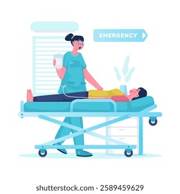 Illustration of nurse with critical patient to emergency room, Medical team helping patient on bed or medical stretcher, Vector design