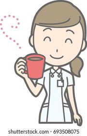 Illustration of a nurse dressed in white coat drinking hot beverages