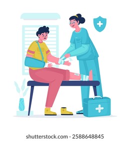 Illustration of a nurse giving bandage to an injured patient, Medical care with doctor and patient character, Vector design