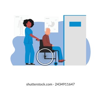 an illustration of a nurse helping an elderly man in a wheelchair. Flat style design vector