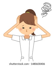 An illustration of a nurse holding his head.