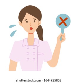 Illustration of a nurse holding tags such as "Wrong".