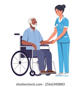 An illustration of a nurse in scrubs with a stethoscope assisting an elderly man in a wheelchair.